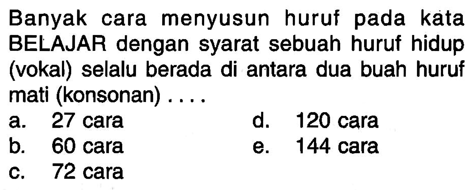 Banyak cara menyusun huruf pada kata BELAJAR dengan syara...